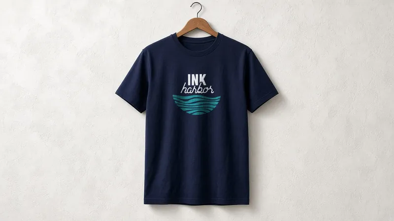 Navy t-shirt printed with the Ink Harbor logo