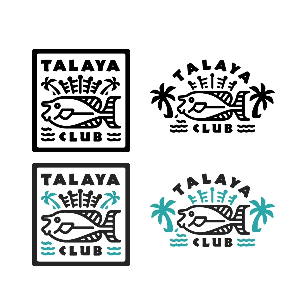Four Talaya Club logo variations: square fish stamps and palm-tree badges in black and in teal